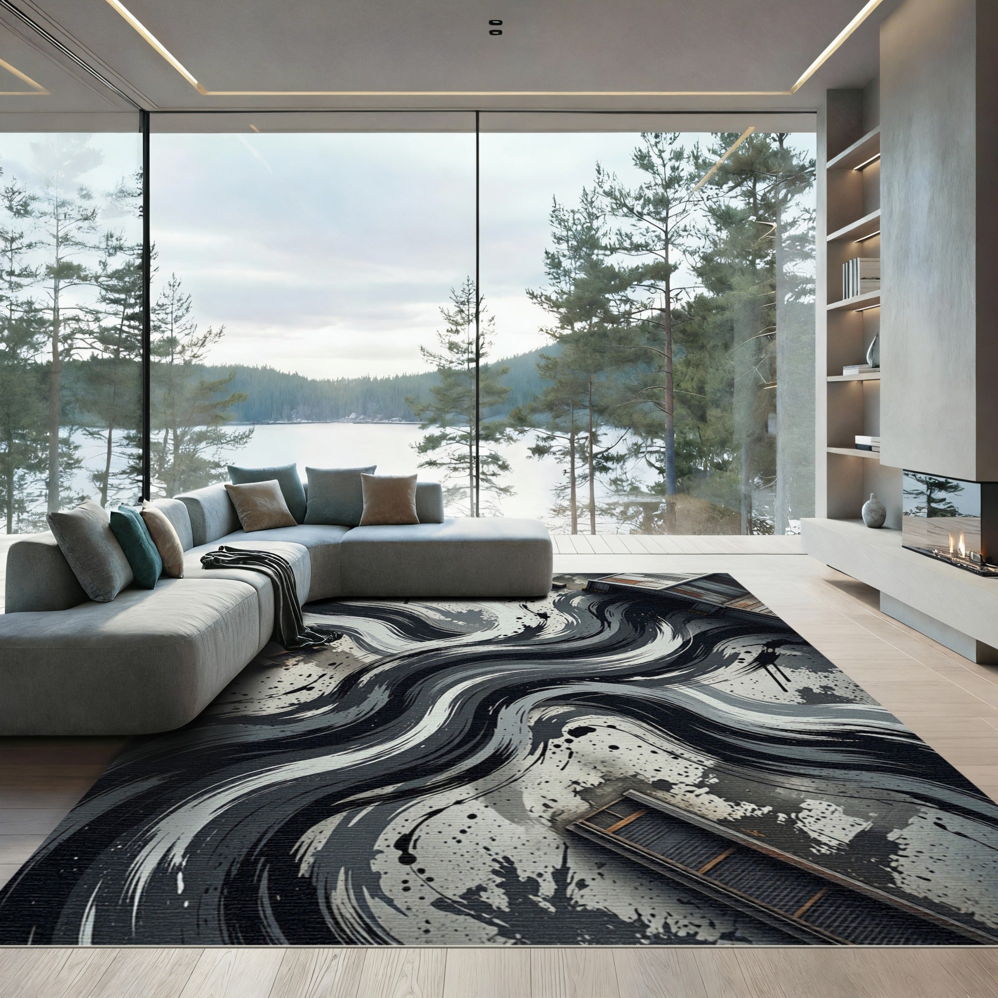 Grayscale Abstract Brushstroke Swirl Rug