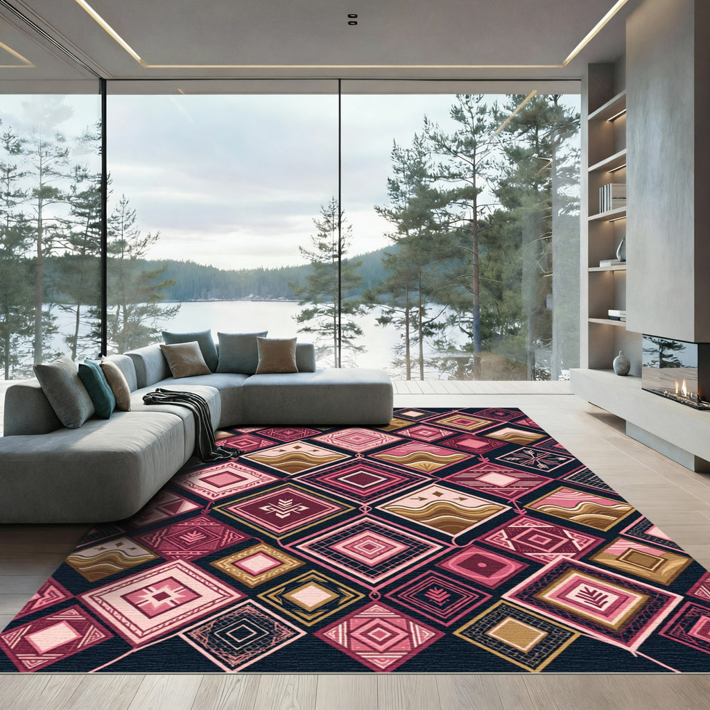 Geometric Pink Earth Tone Diamond Quilt Rug