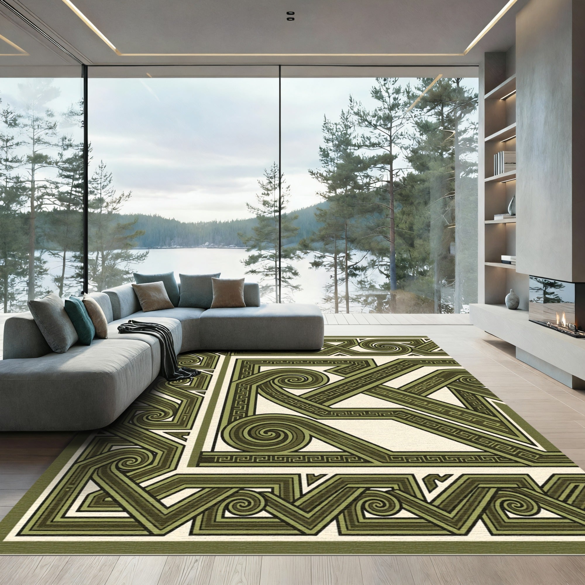 Olive Green Interlocking Geometric Swirl Rug