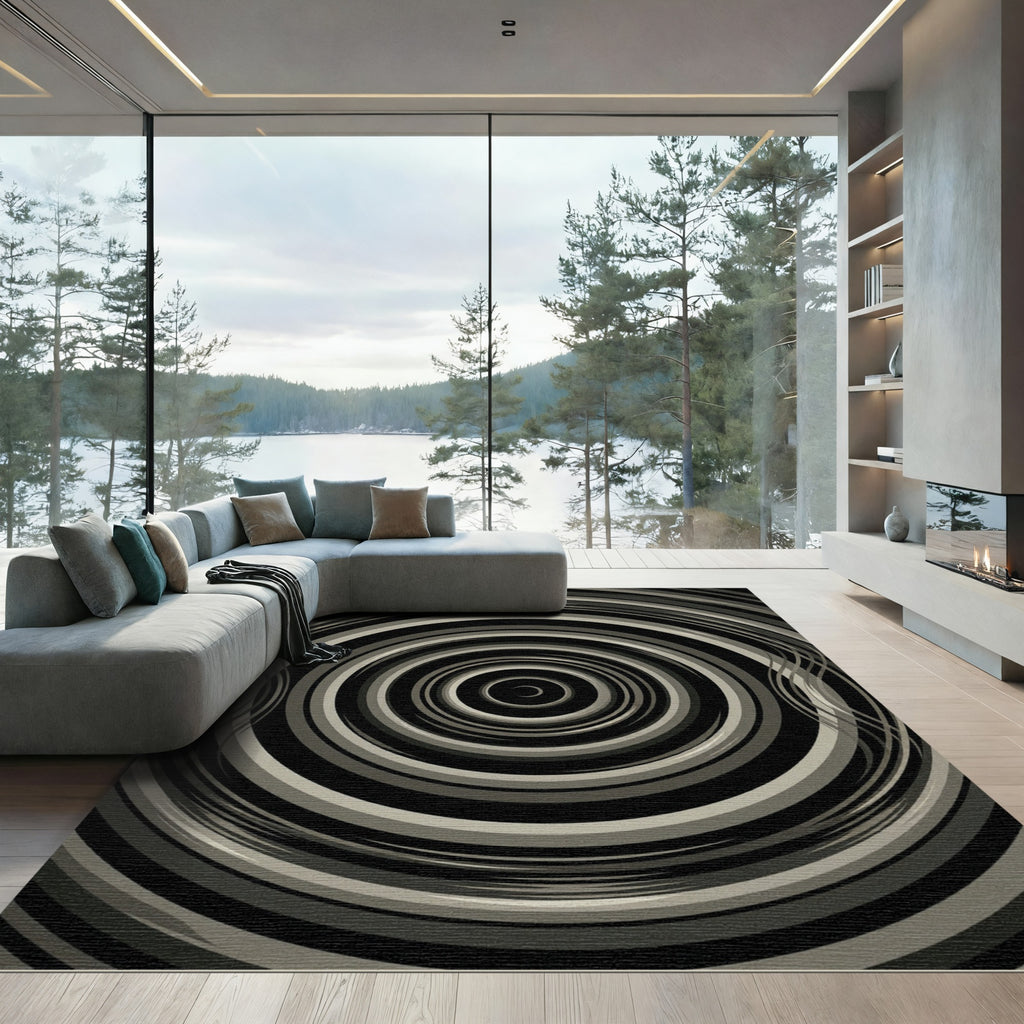 Monochrome Concentric Circles Swirl Rug