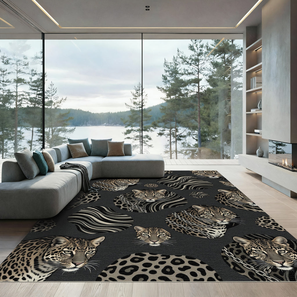 Leopard Heads With Silver Chain Accents Rug