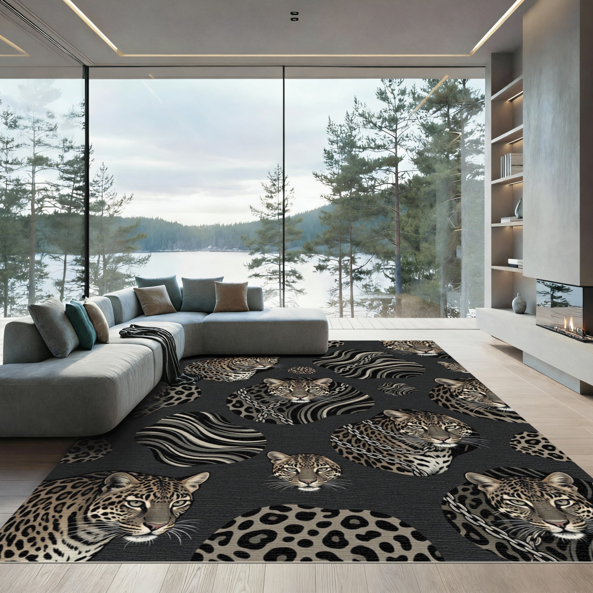 Leopard Heads With Silver Chain Accents Rug