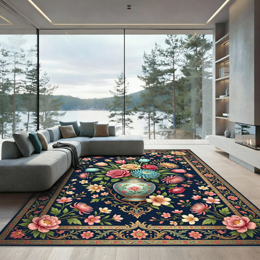 Elegant Navy Floral Bouquet Decorative Rug