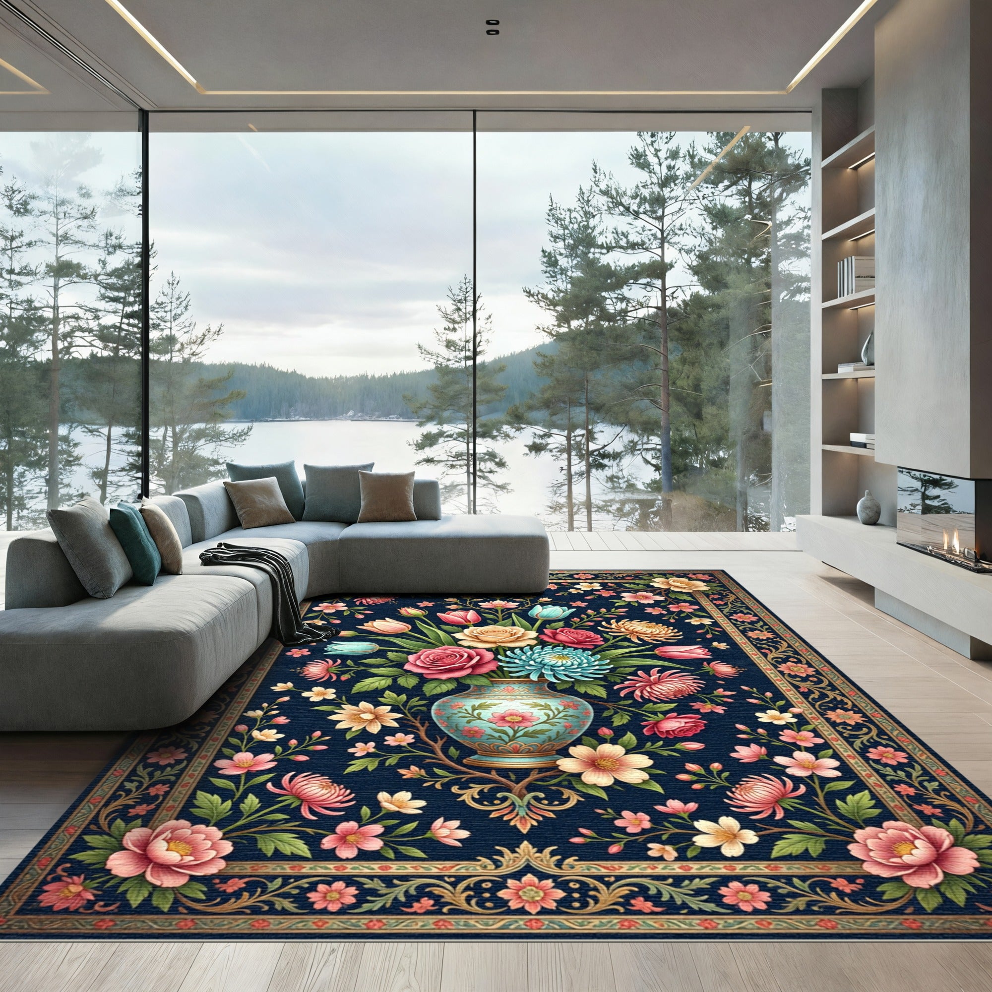 Elegant Navy Floral Bouquet Decorative Rug