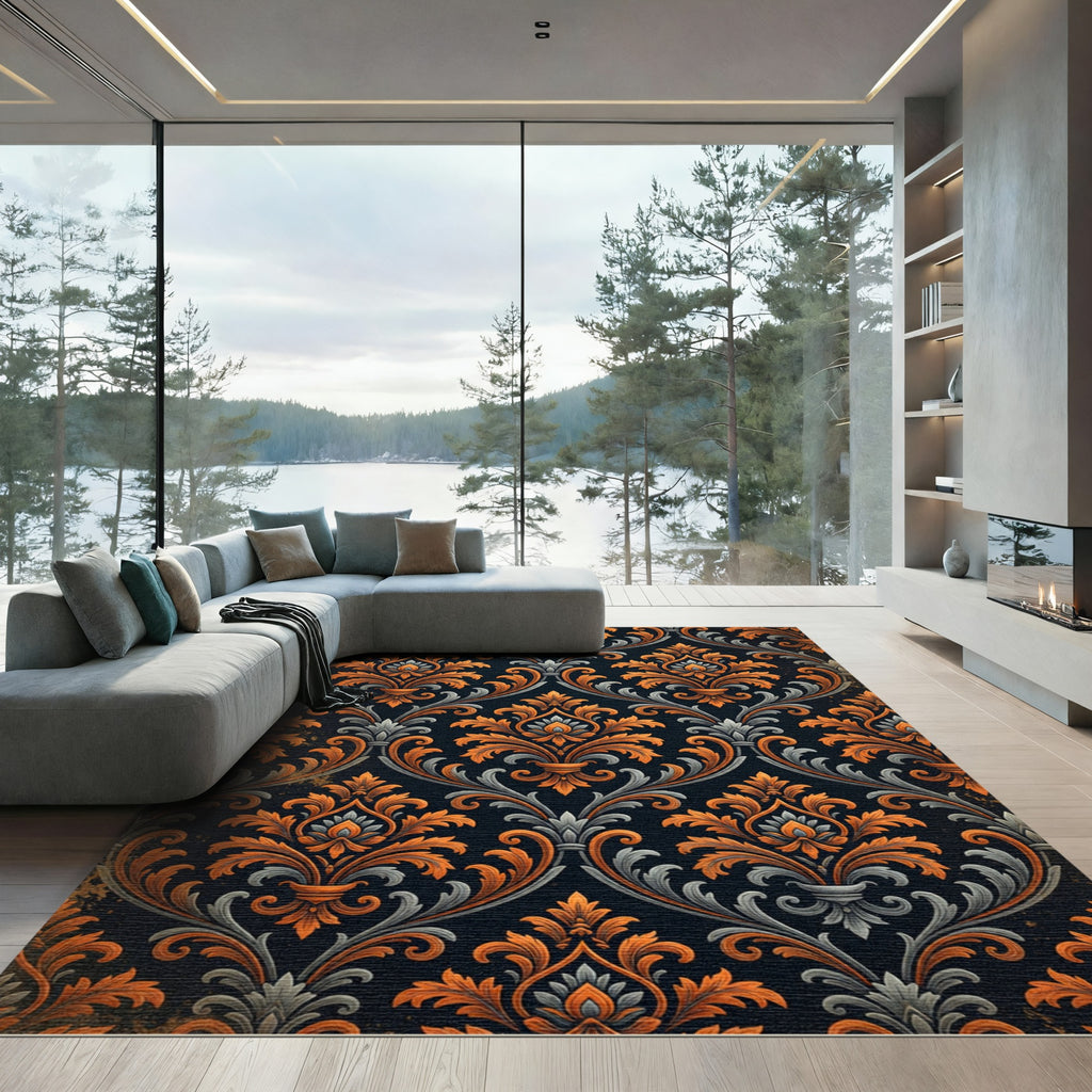 Ornate Burnt Orange Charcoal Damask Rug