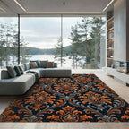 Ornate Burnt Orange Charcoal Damask Rug