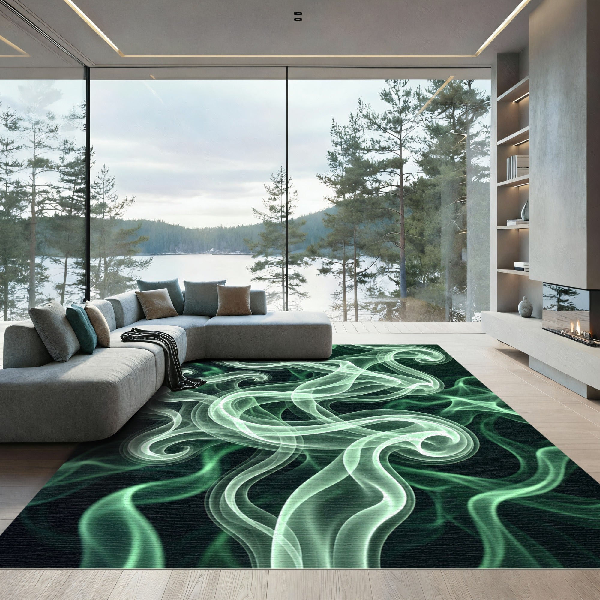 Ethereal Emerald Smoke Swirl Abstract Rug