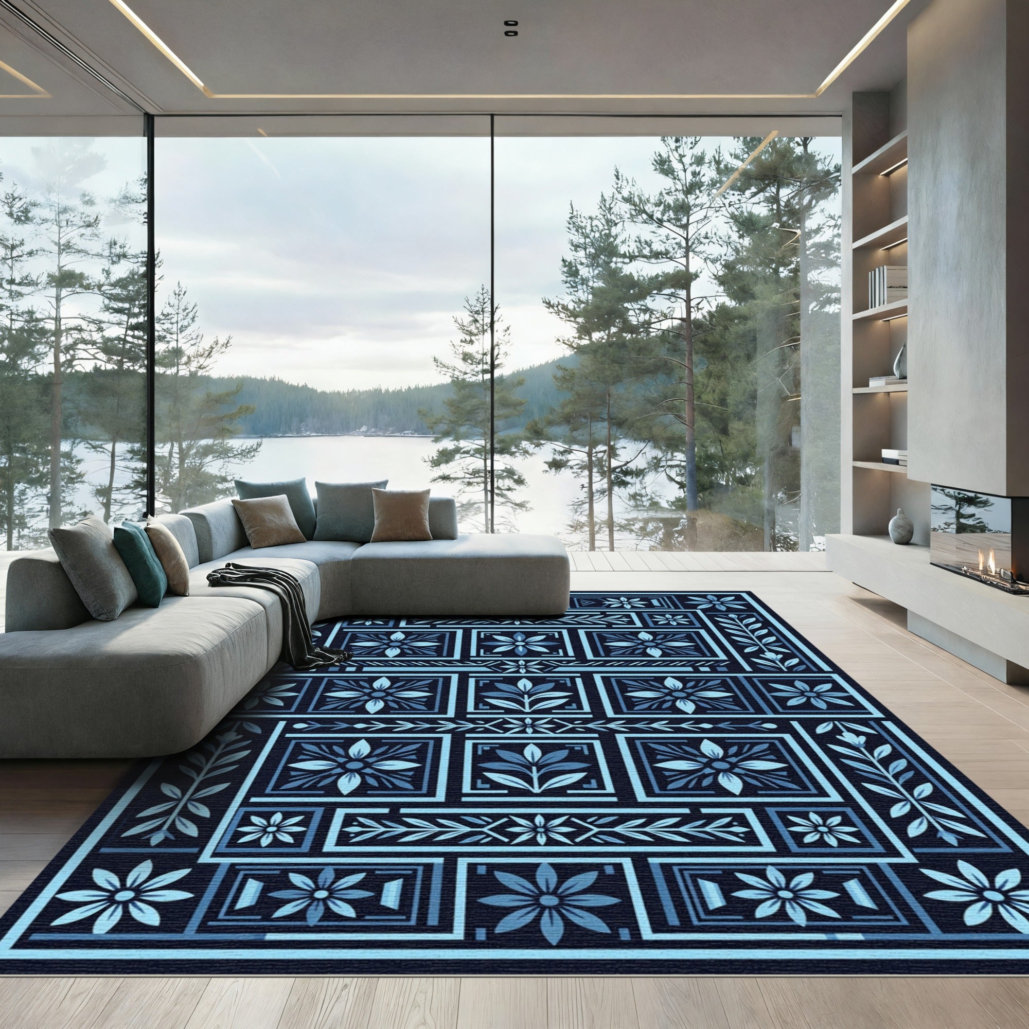 Navy Blue Floral Botanical Composition Rug
