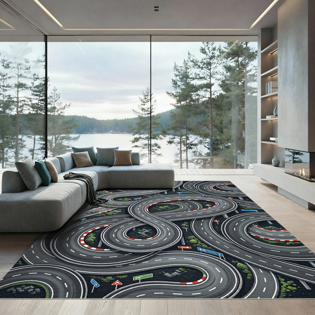 Abstract Winding Gray Racing Track Grid Rug