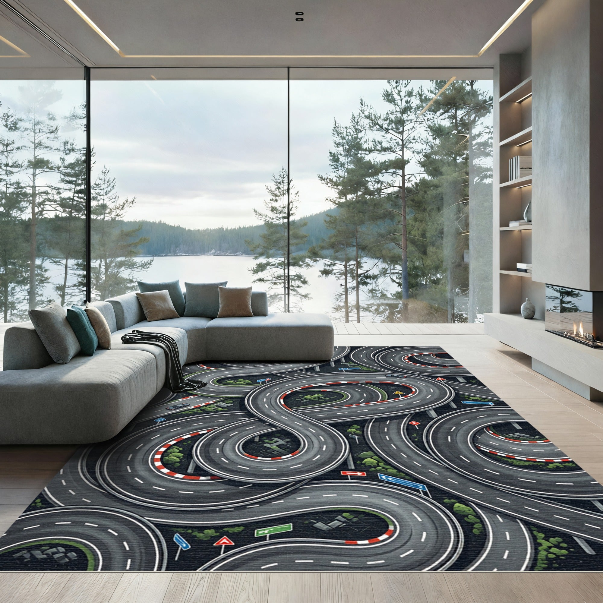 Abstract Winding Gray Racing Track Grid Rug