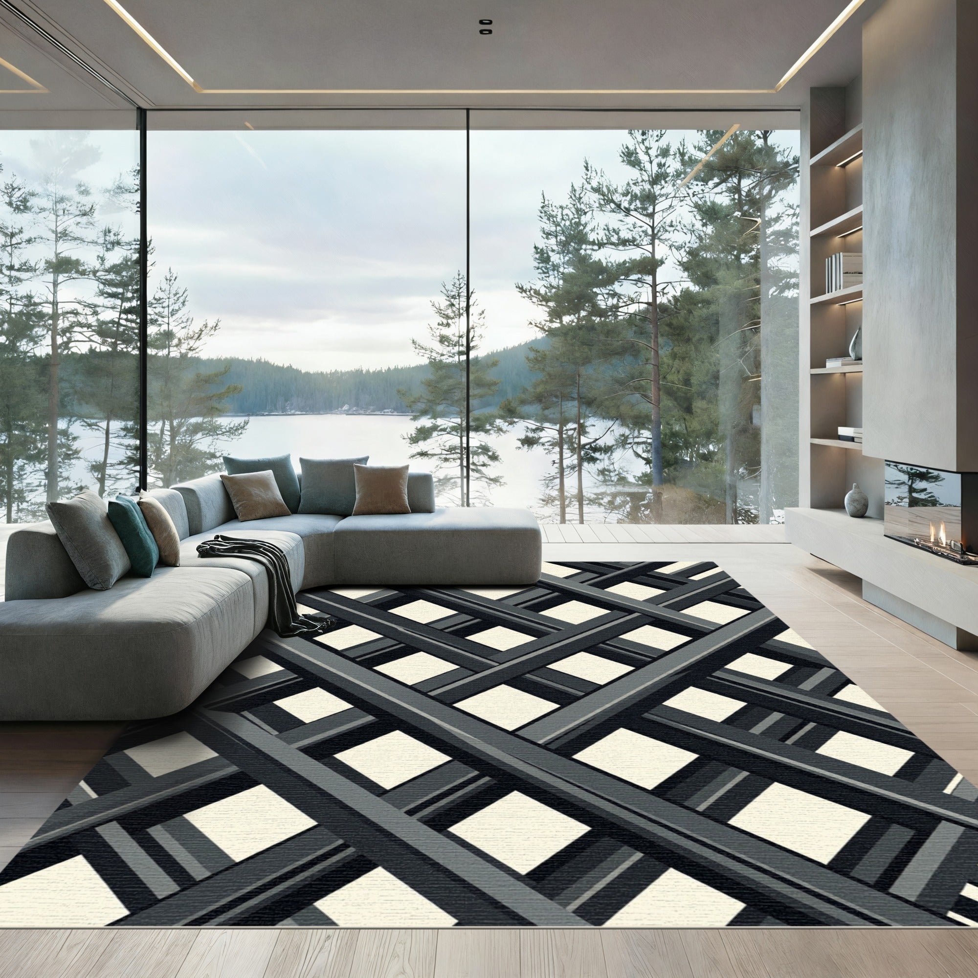 Minimalist Charcoal Intersecting Geometric Lattice Rug