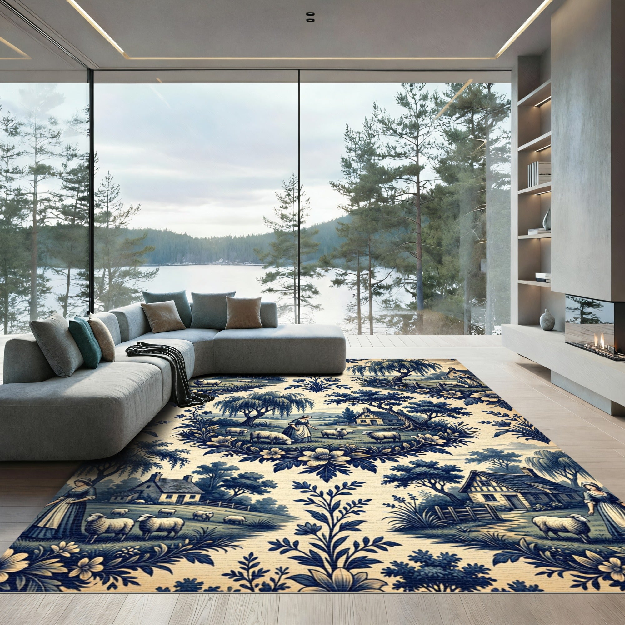 Blue Toile Pastoral Shepherdess Meadow Farmhouse Rug
