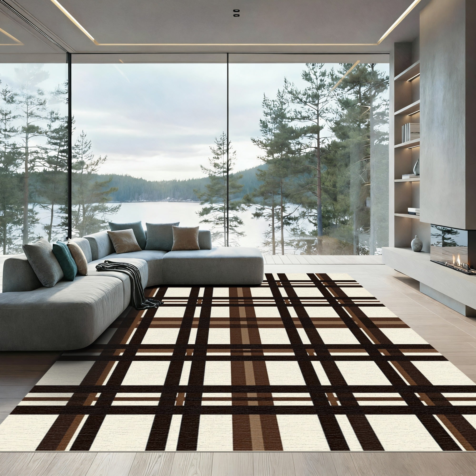 Classic Brown and Cream Tartan Grid Rug