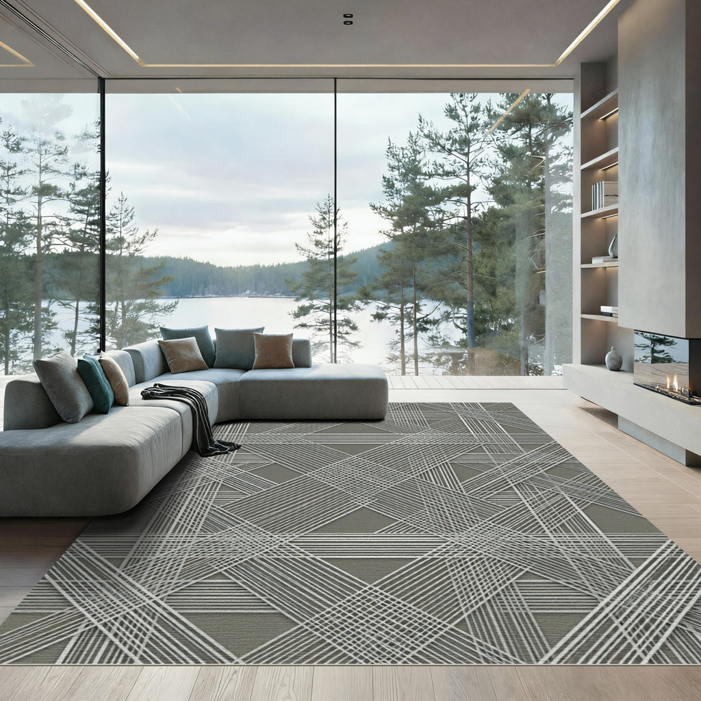 Modern Silver Geometric Intersecting Lines Rug
