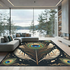 Golden Peacock Feather Elegant Dark Rug