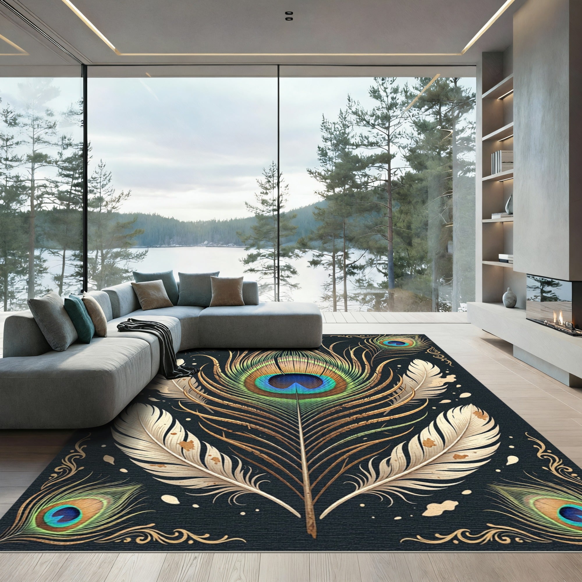 Golden Peacock Feather Elegant Dark Rug