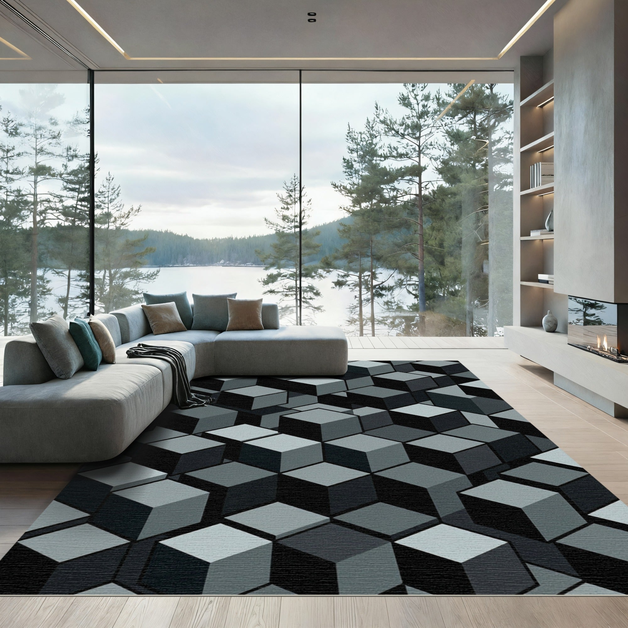 Monochromatic Geometric Cube Illusion Rug