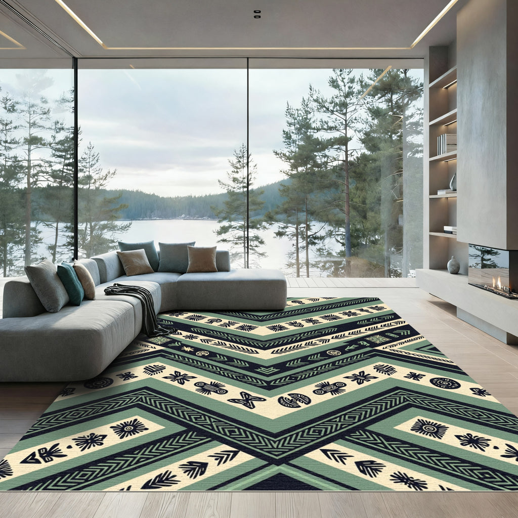 Sage Teal Geometric Tribal Chevron Rug