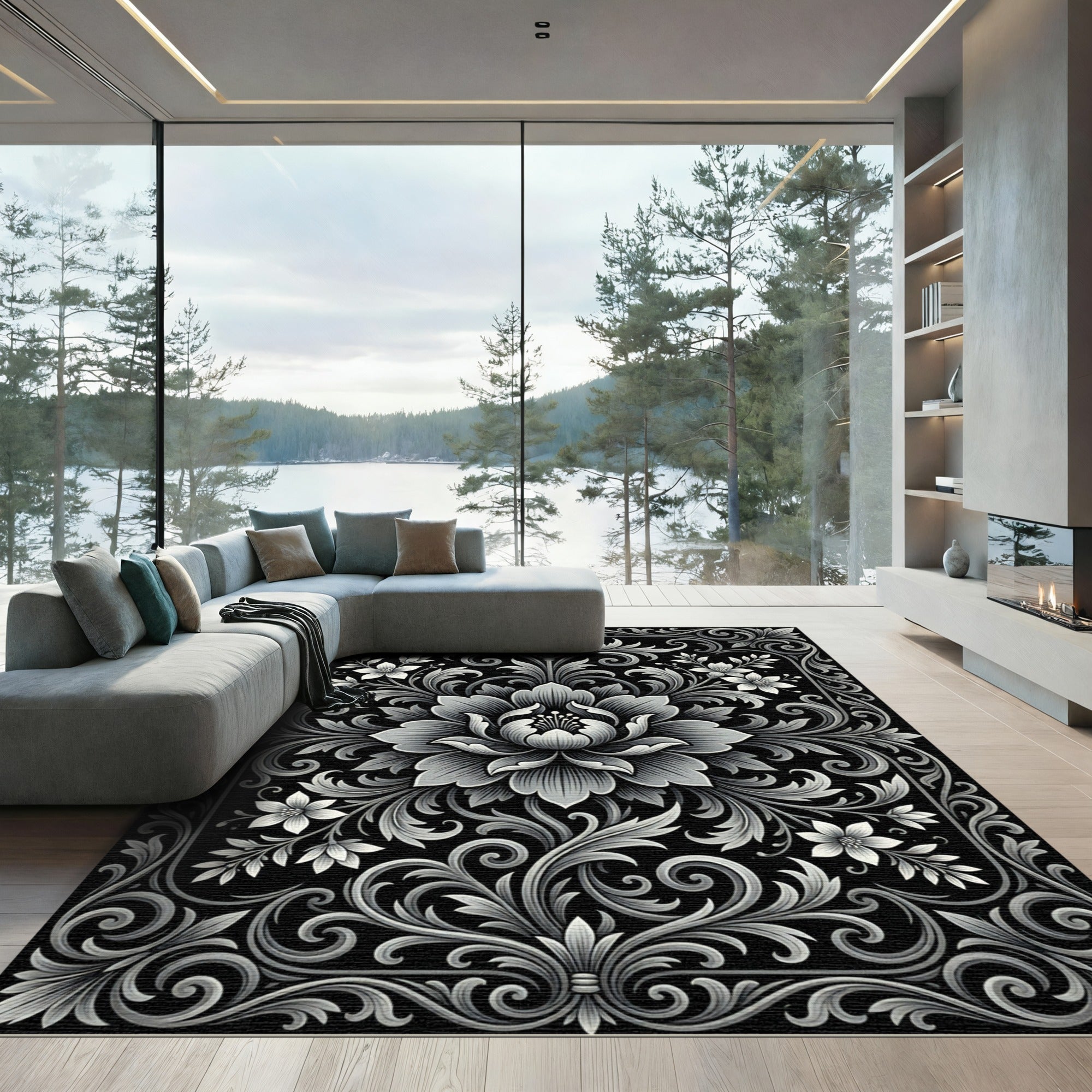 Monochromatic Floral Scrollwork Border Rug