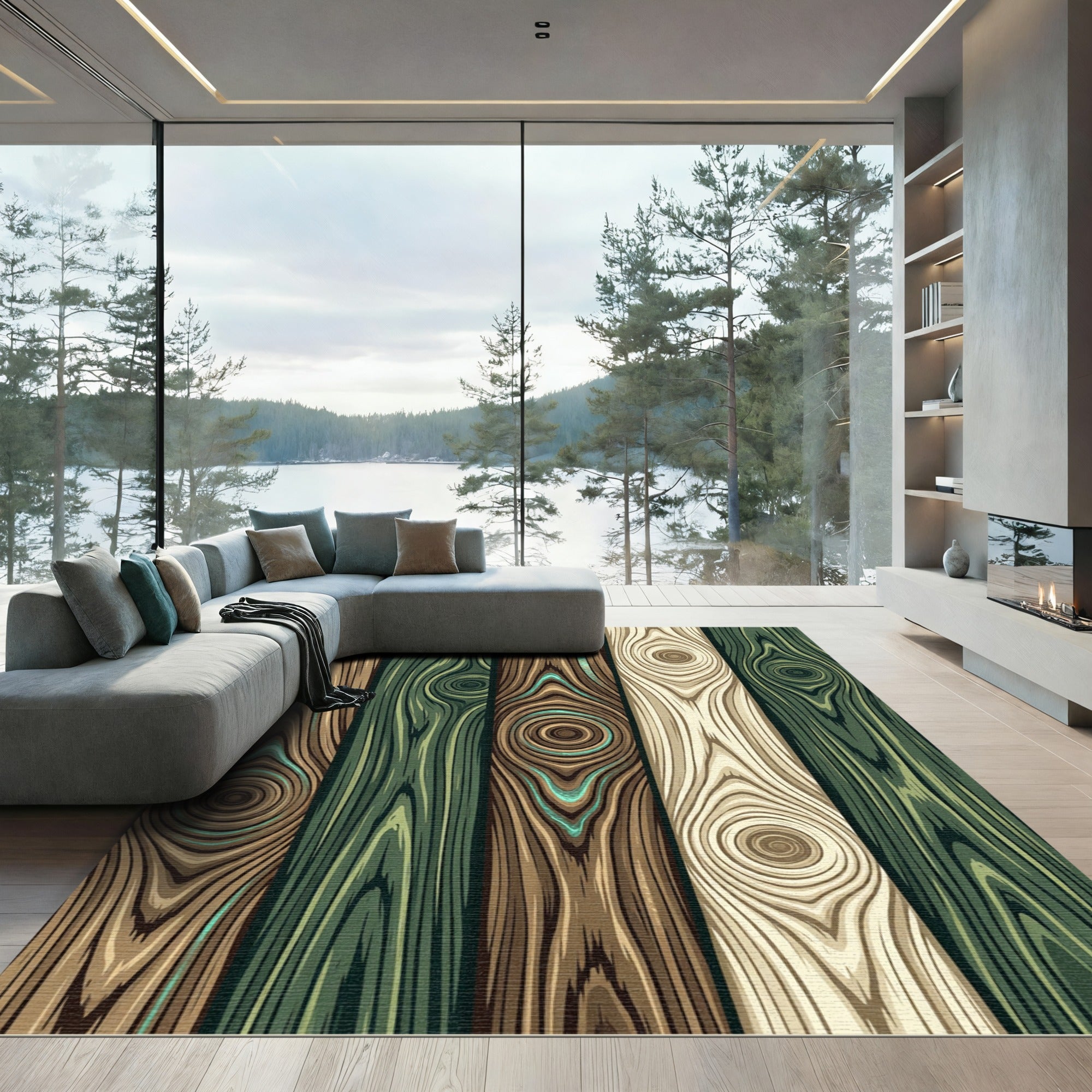 Rustic Earthy Tone Wood Grain Plank Rug