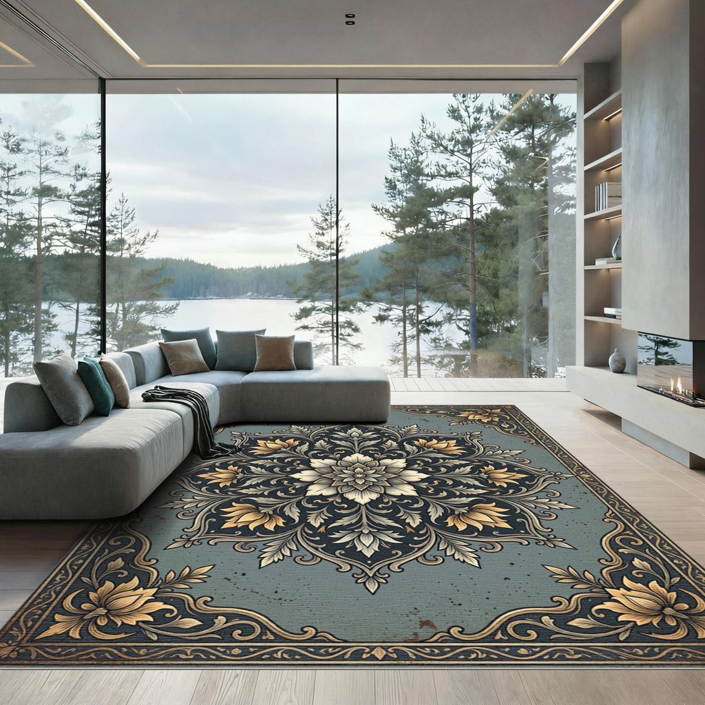 Sophisticated Slate Blue Golden Floral Medallion Rug