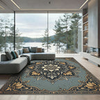 Sophisticated Slate Blue Golden Floral Medallion Rug