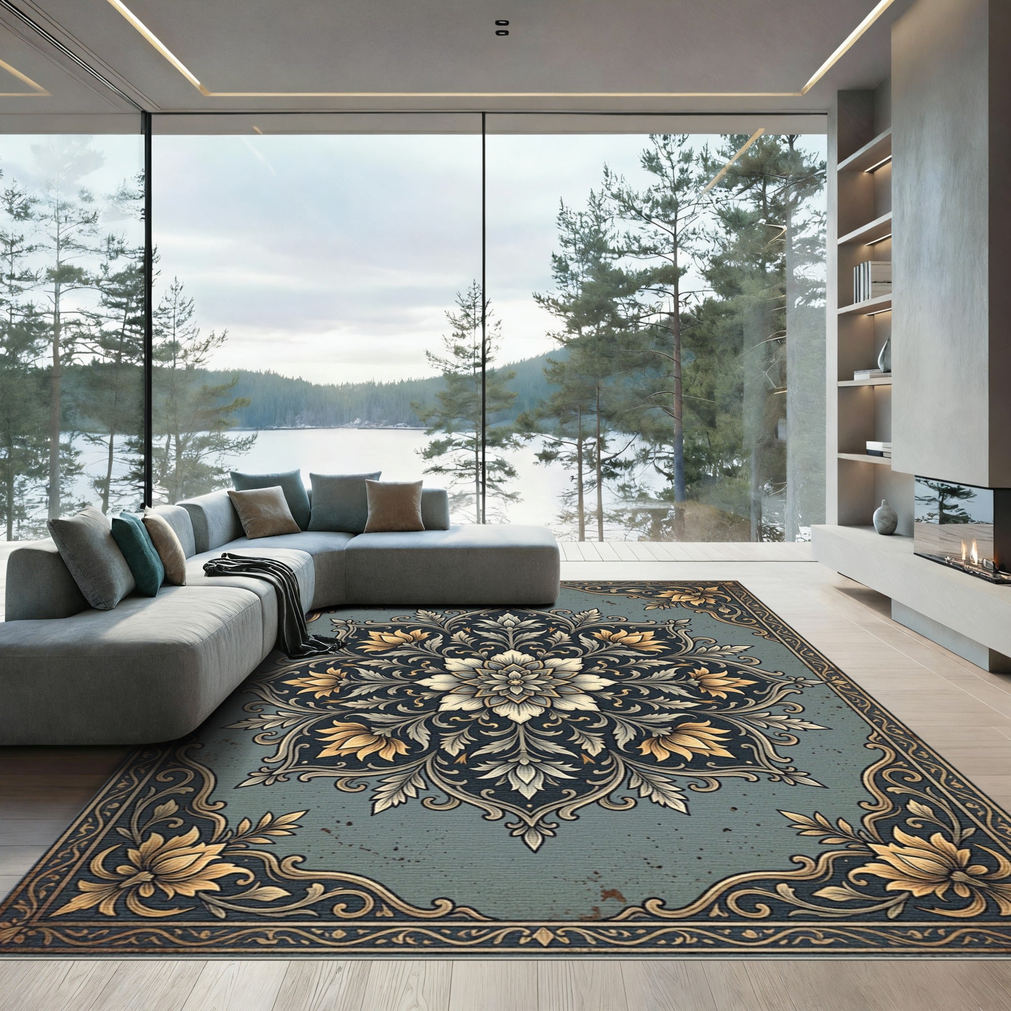 Sophisticated Slate Blue Golden Floral Medallion Rug