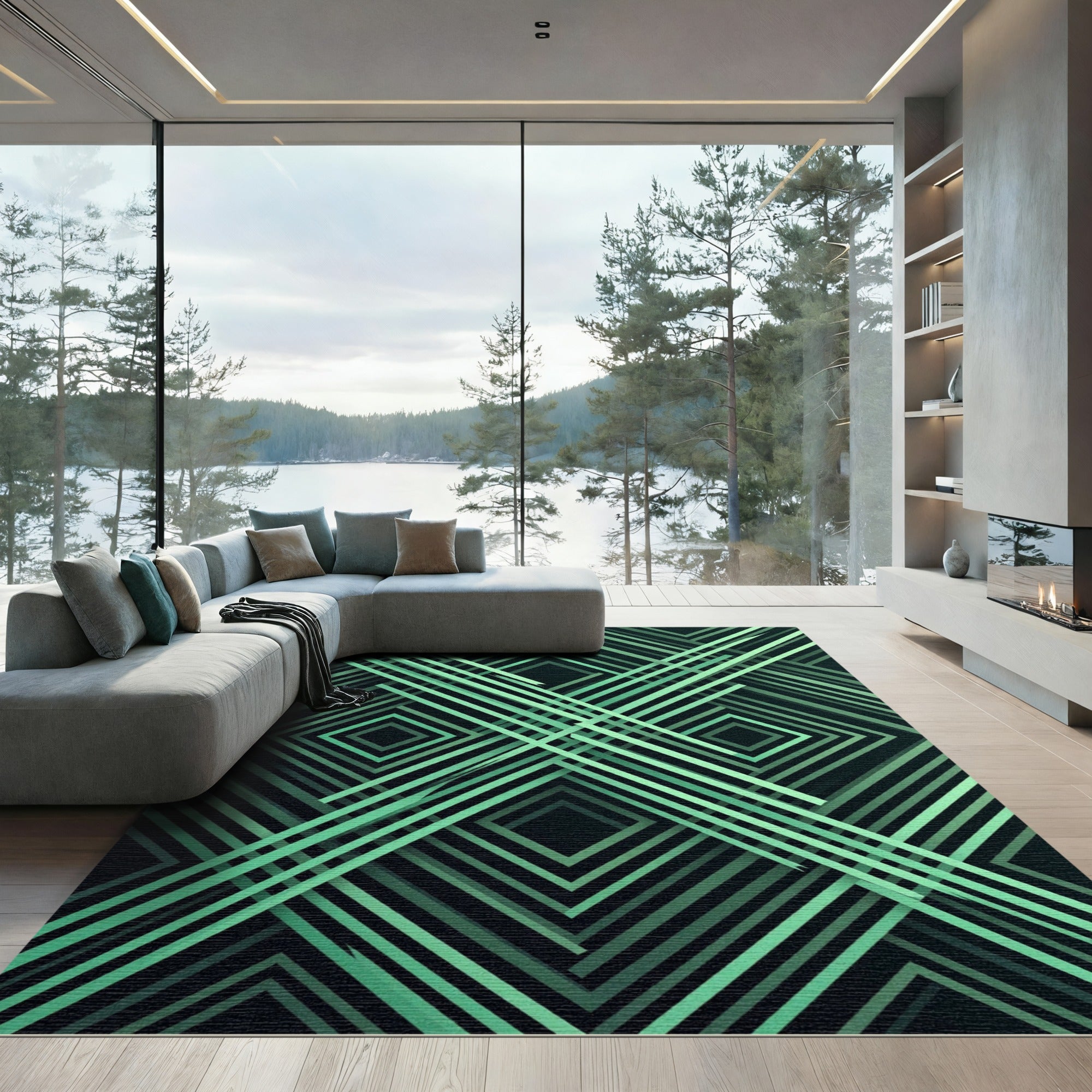 Modern Geometric Mint Intersecting Lines Rug