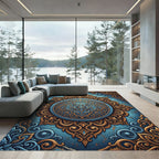 Ornate Teal and Gold Arabesque Medallion Rug