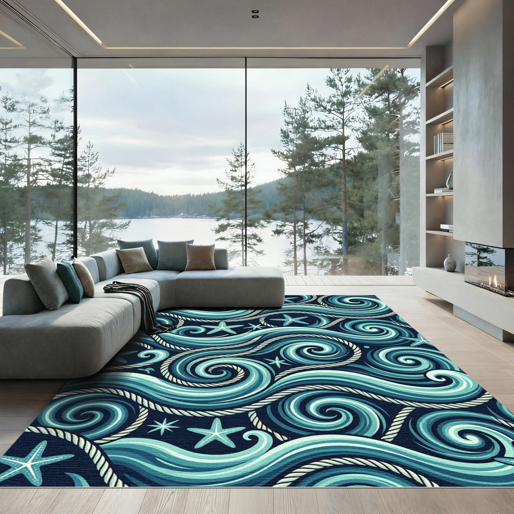 Blue Nautical Swirl and Starfish Ocean Rug