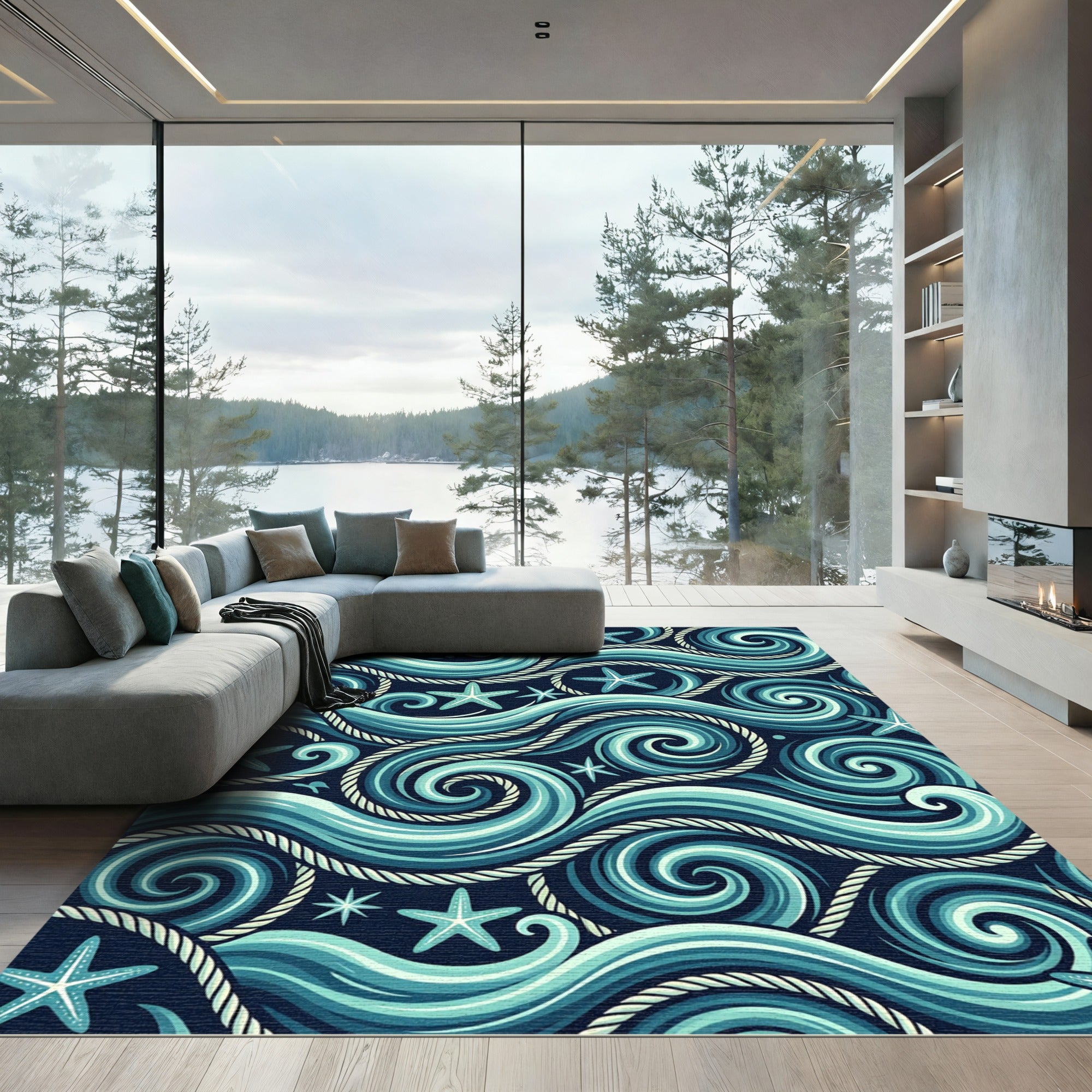 Blue Nautical Swirl and Starfish Ocean Rug
