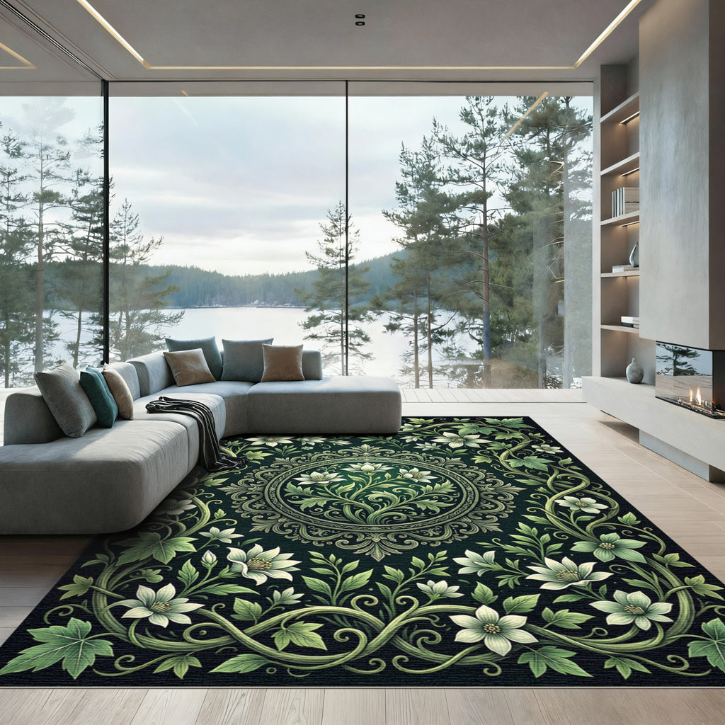 Elegant Green Botanical Floral Medallion Rug