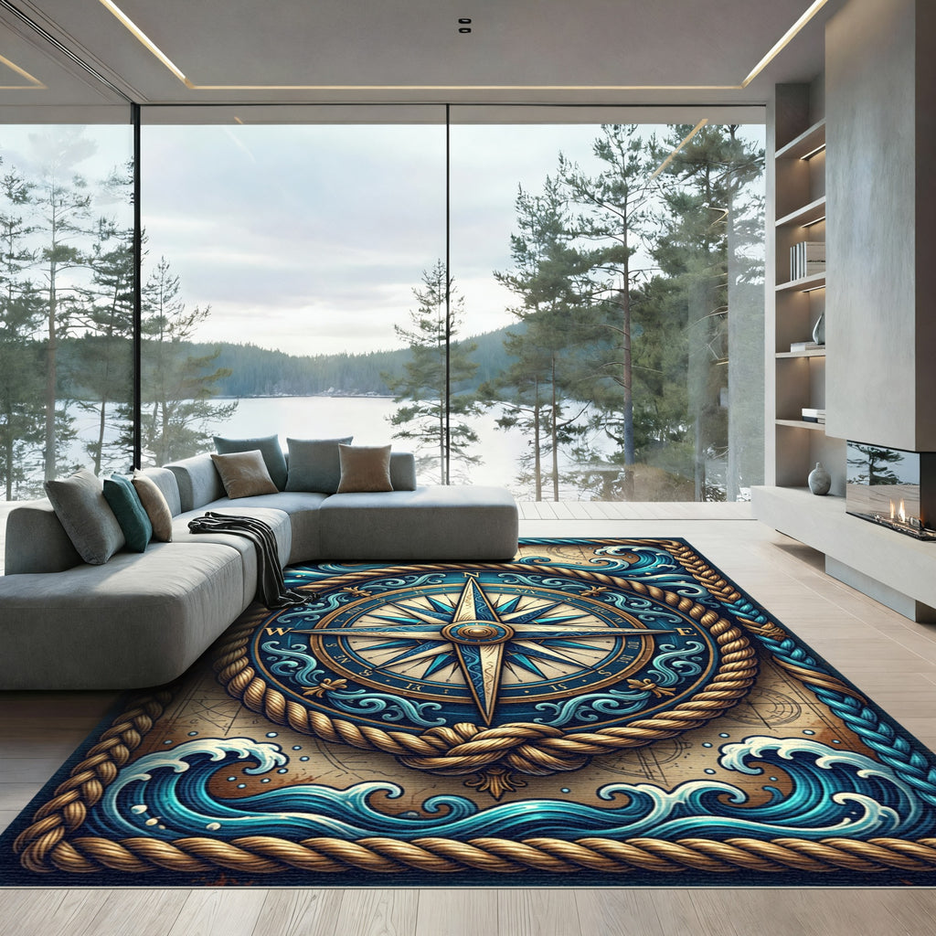 Nautical Compass Blue Waves Rope Border Rug