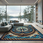 Nautical Compass Blue Waves Rope Border Rug