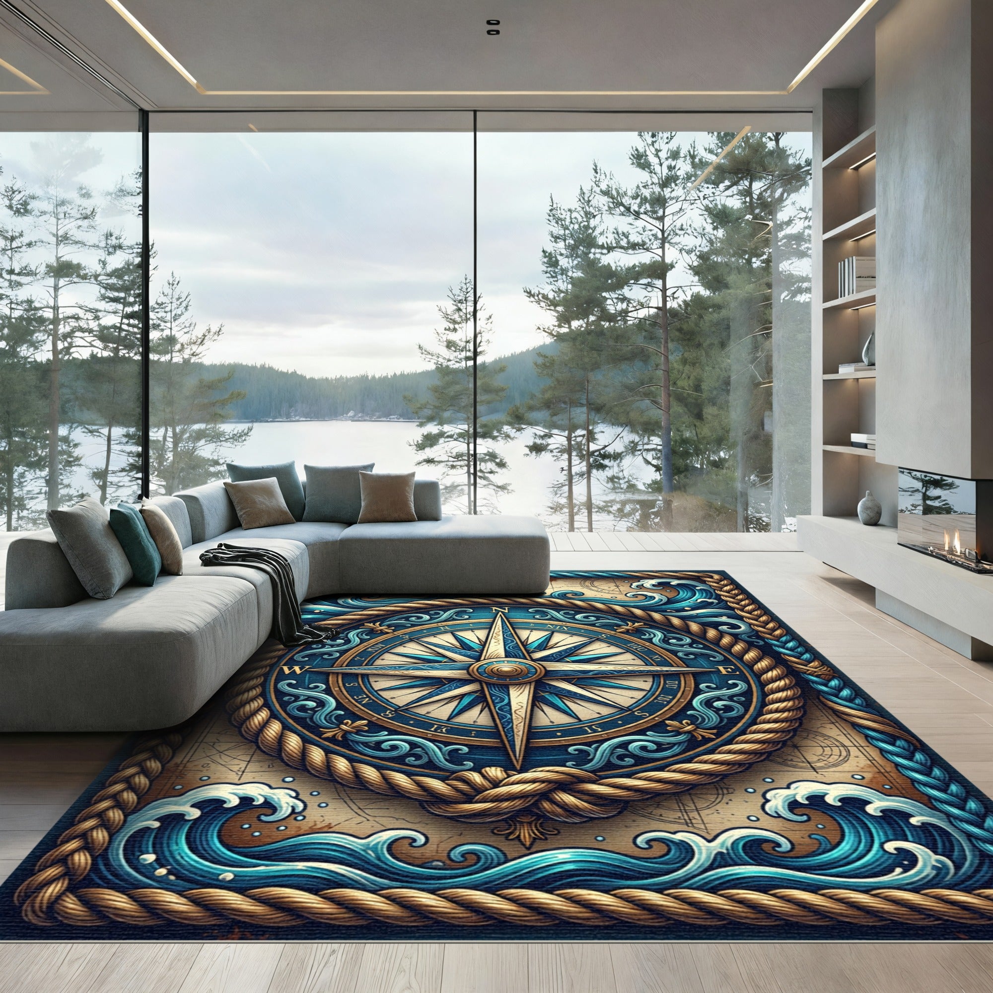 Nautical Compass Blue Waves Rope Border Rug