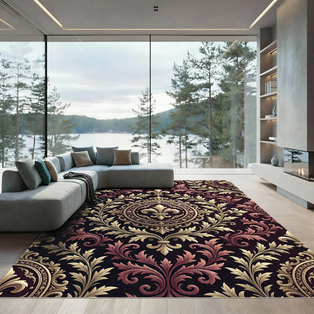 Regal Burgundy Gold Fleur-de-lis Swirls Rug