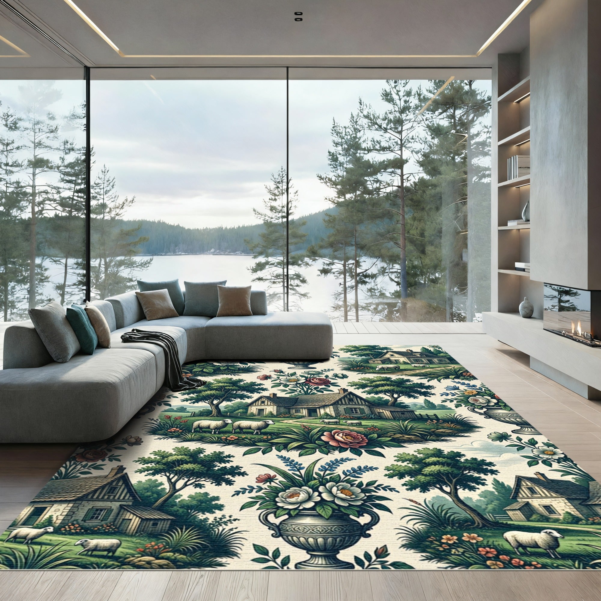 Countryside Floral Cottage Sheep Landscape Rug