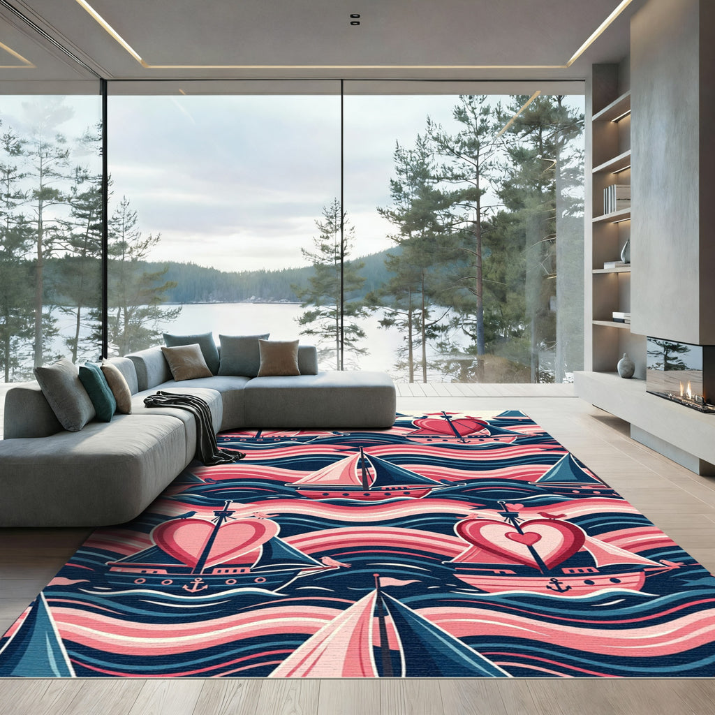 Nautical Heart Sailboat Wave Composition Rug