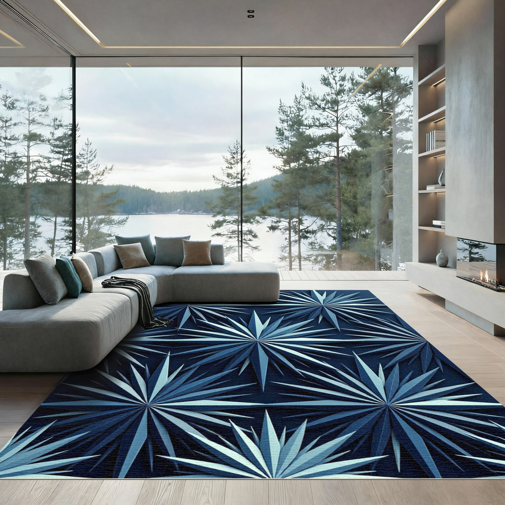 Deep Blue Starburst Geometric Relief Rug