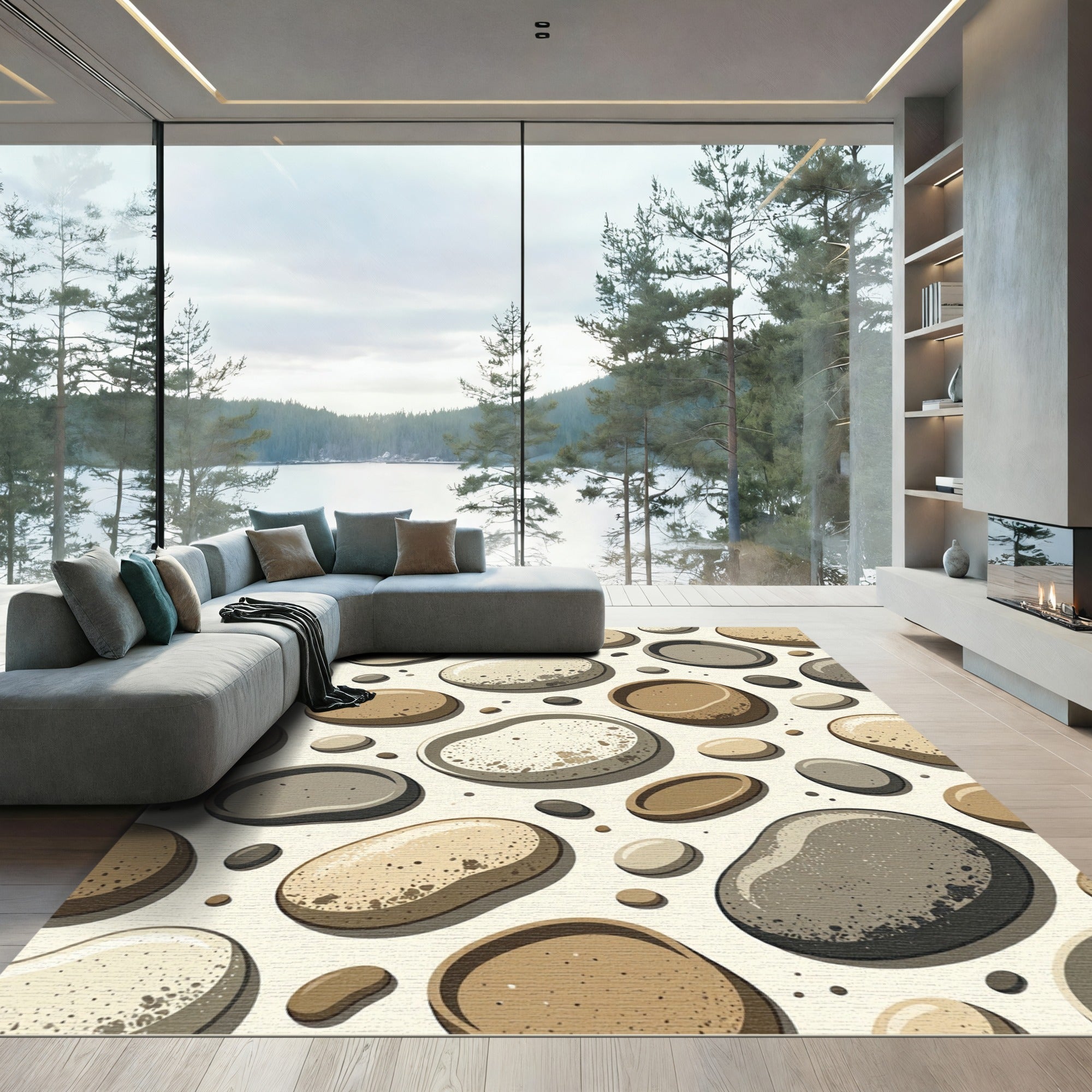 Earthy Neutral Pebble Stone Arrangement Rug