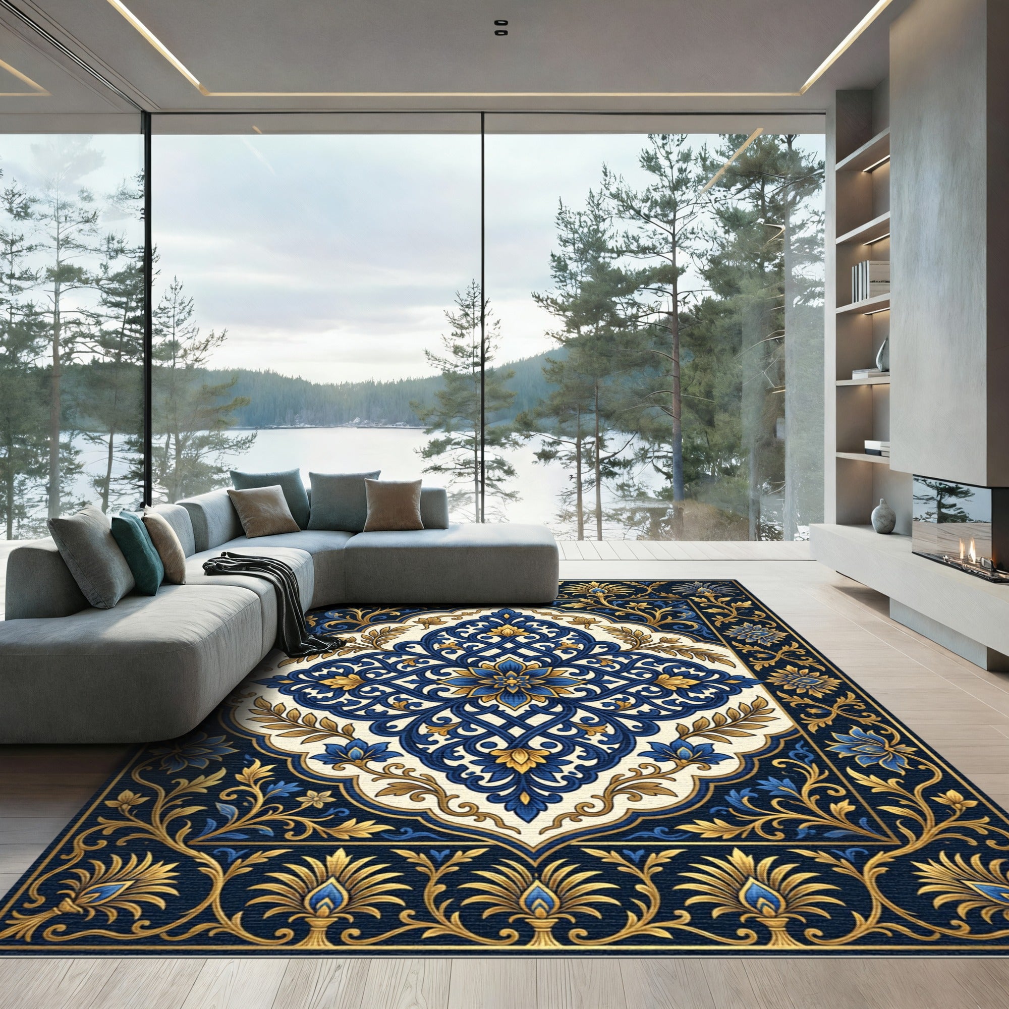 Royal Navy Blue Golden Floral Medallion Rug