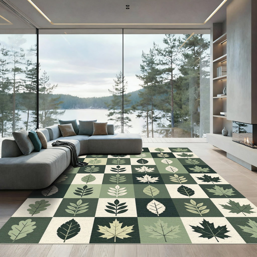 Earthy Green Botanical Leaf Grid Rug