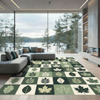 Earthy Green Botanical Leaf Grid Rug