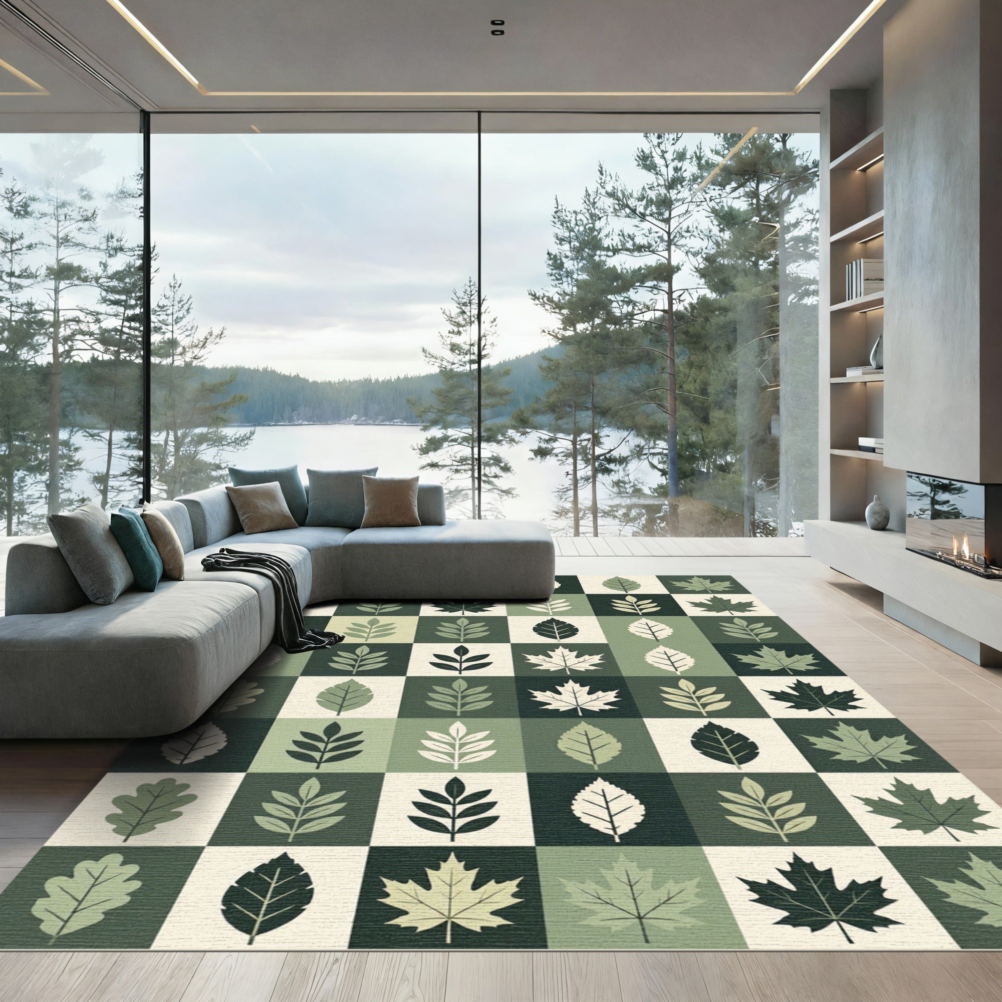 Earthy Green Botanical Leaf Grid Rug