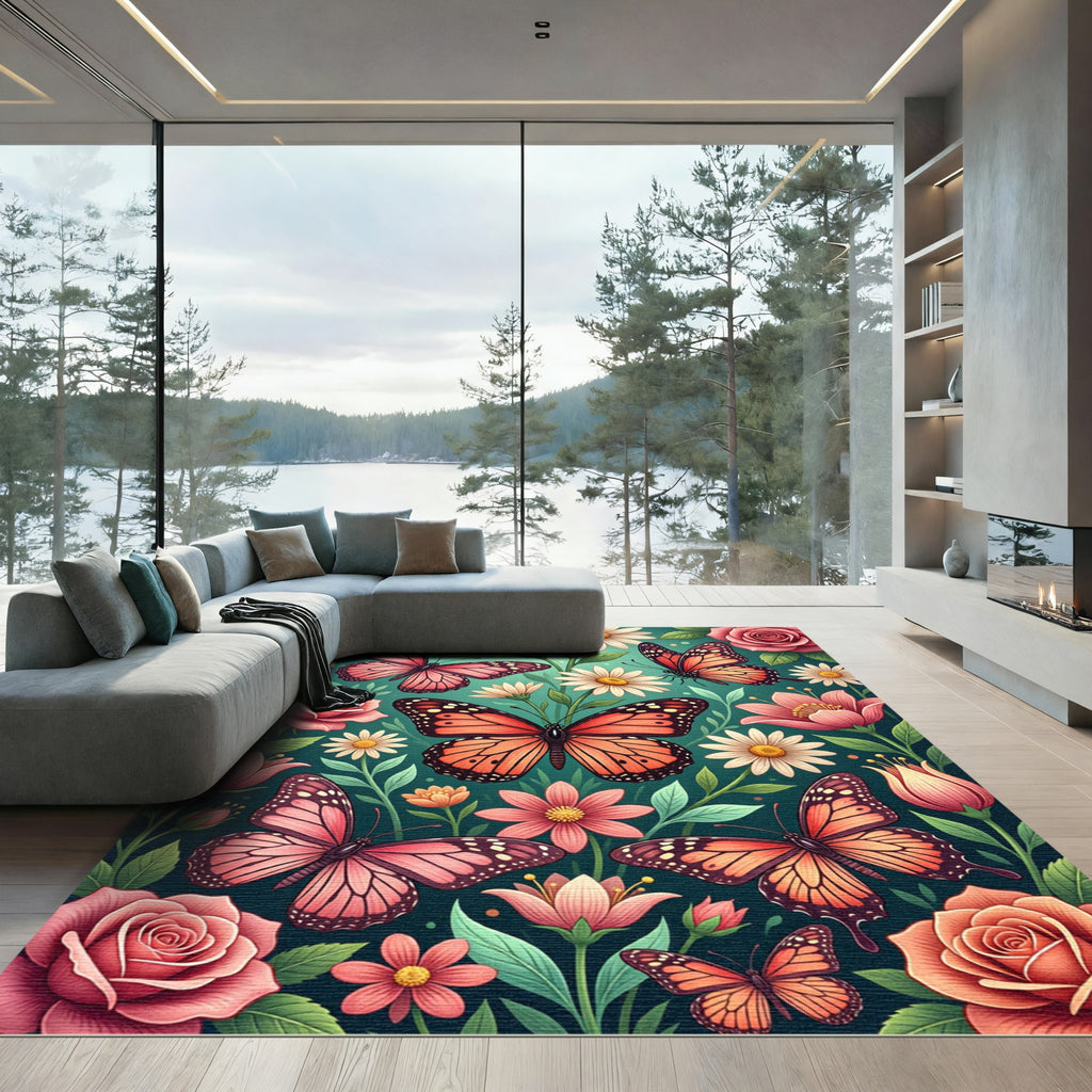 Coral Butterflies Pink Flowers Garden Rug