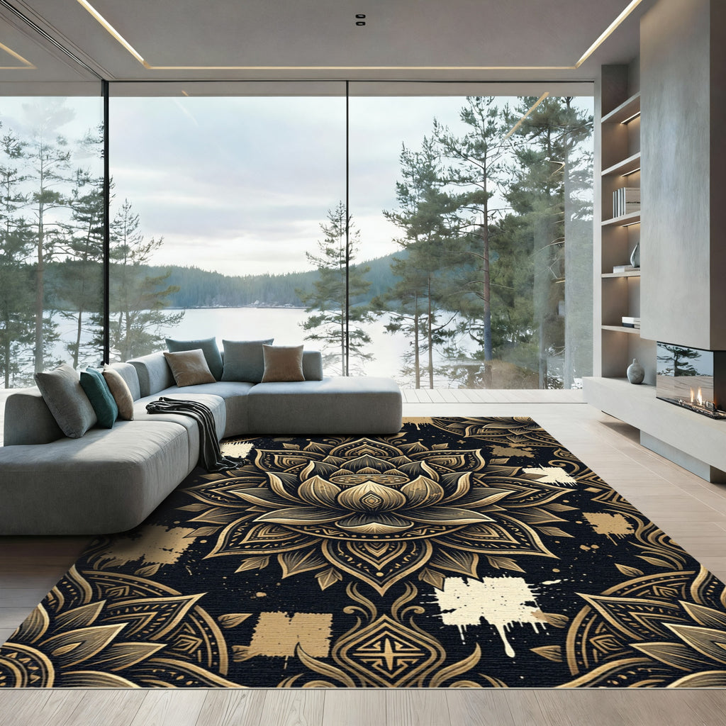 Golden Lotus Mandala Black Artistic Rug