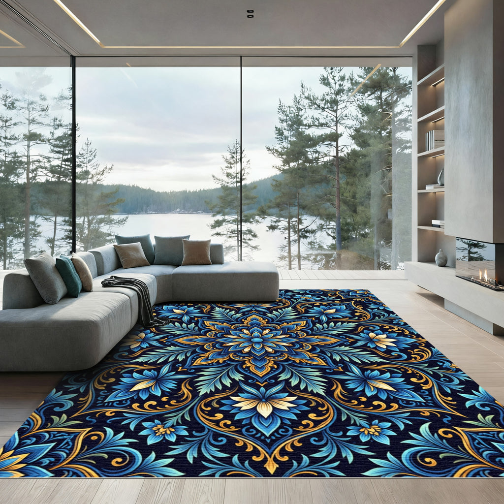 Royal Blue Floral Medallion With Gold Rug