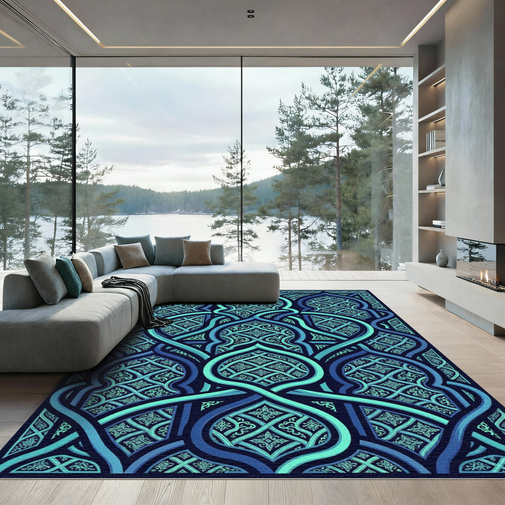 Cerulean Interlocking Arched Tile Art Rug