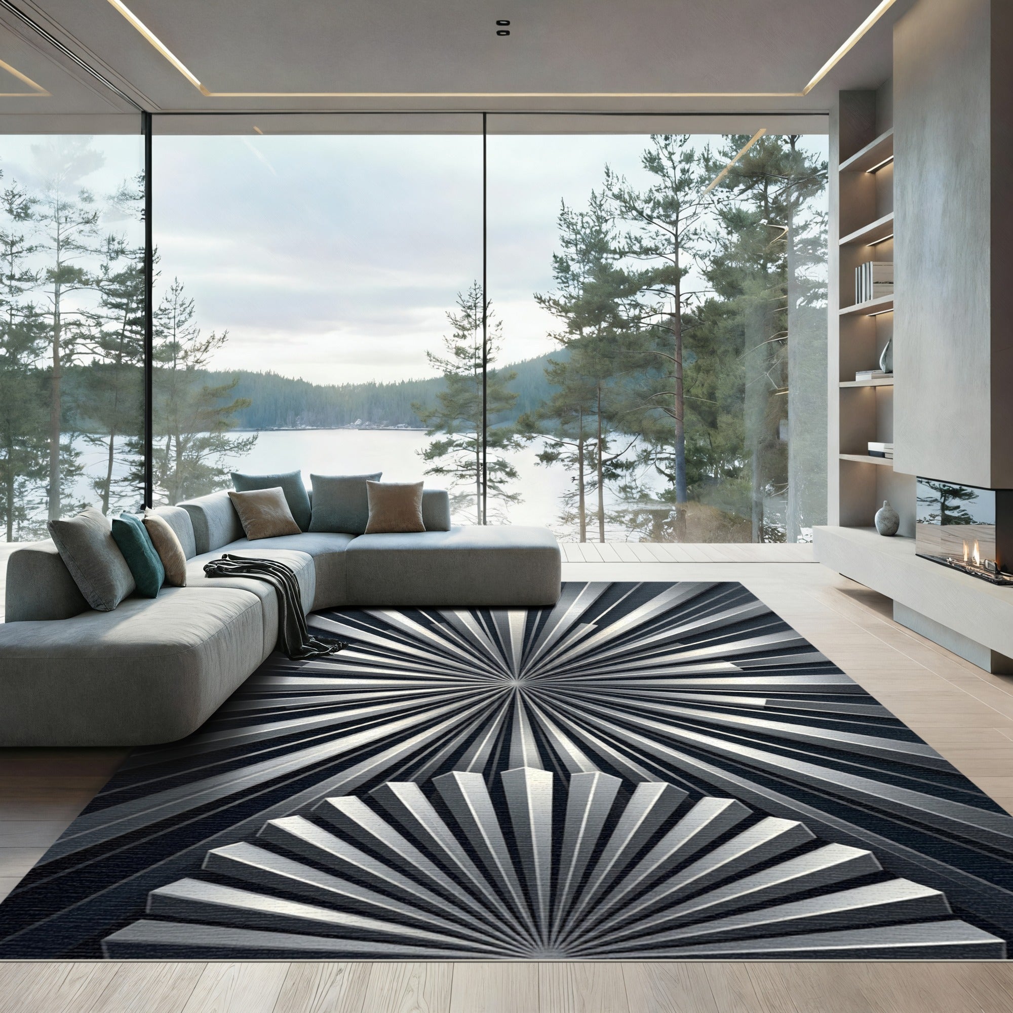 Modern Silver Radial Fan Rug