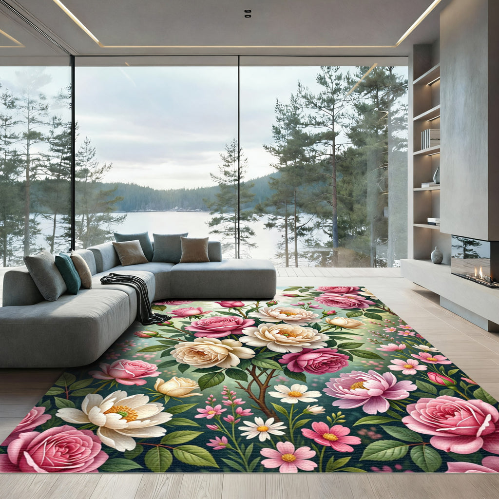 Lush Pink and Cream Rose Garden Rug